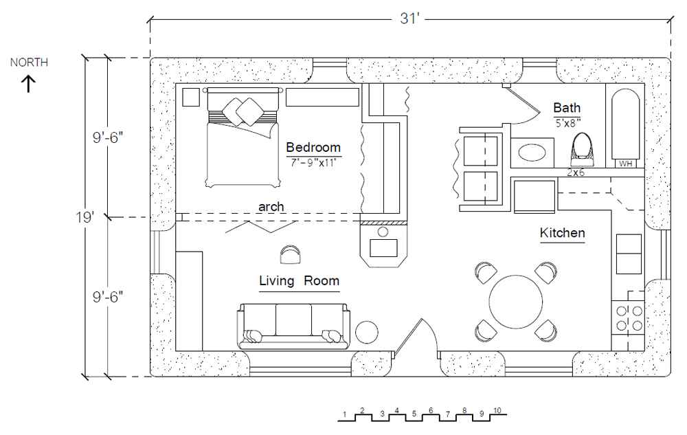 Free Economizer Earthbag House Floorplan (click to enlarge)