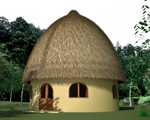 Hobbit House with haystack roof (click to enlarge)