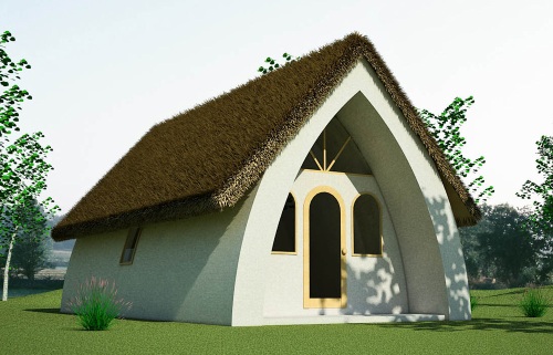Insulated earthbag vault with thatch roof (click to enlarge)